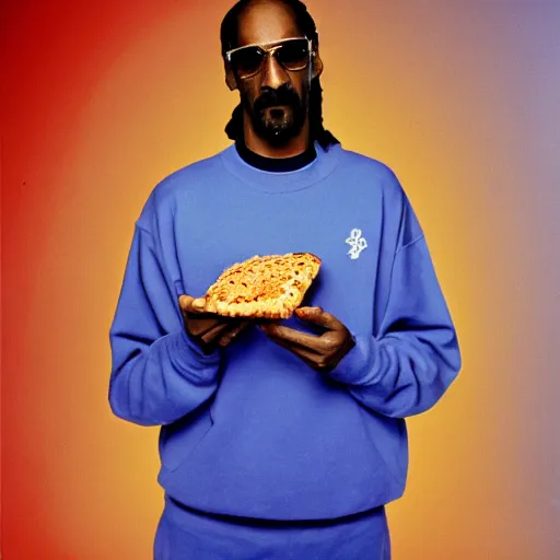 Image similar to Snoop Dogg holding a piece of pizza for a 1990s sitcom tv show, Studio Photograph, portrait, C 12.0