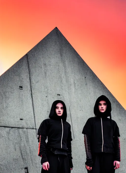 Image similar to cinestill 5 0 d photographic portrait of 2 women wearing black techwear in front of a brutalist sharp - edged metal building, closeup, on a desolate plain with a red sky, dystopia, cyberpunk, closeup, depth of field, 4 k, 8 k, hd, full color