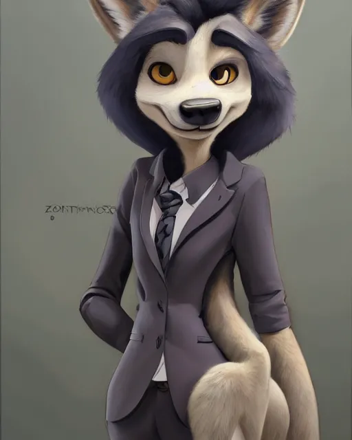 Image similar to oil painting of anthromorphic female wolf, in style of cory loftis, fursona, furry, furaffinity, 4 k, deviantart, furry art, fursona art, wearing black business suit, business suit, in style of zootopia, wolf fursona, cyberpunk, female, very very very expressive detailed feminine face,