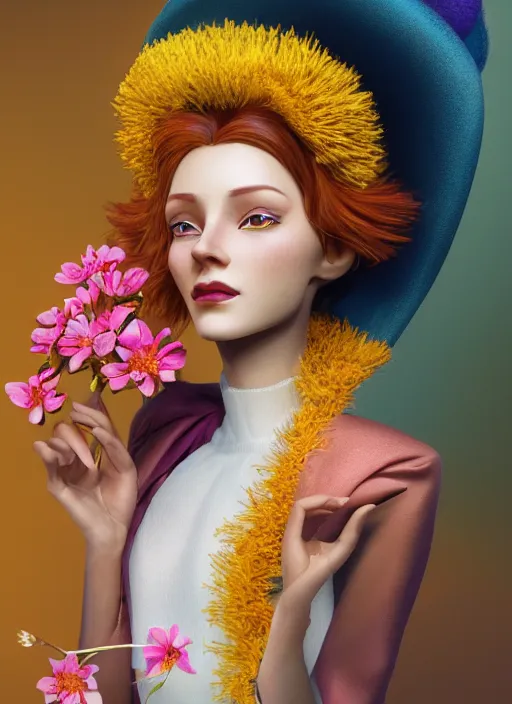 Image similar to an anthropomorphic beautiful female scientist portrait holding a flowers wearing colourful robe, fine art, award winning, intricate, elegant, sharp focus, octane render, hyperrealistic, wizard hat cinematic lighting, highly detailed, digital painting, 8 k concept art, art by jamie hewlett and z. w. gu, masterpiece, trending on artstation, 8 k