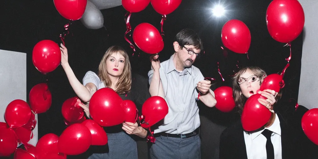 Prompt: louis theroux and laura palmer blowing up red balloons in the red room, twin peaks. in the style of david lynch, black and white zig zag floor