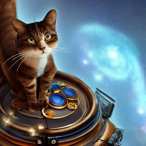 Image similar to A lazy steampunk cat with beautiful blue eyes flying in the starship over the Andromeda galaxy, digital illustration, concept art, 8k, trending on artstation