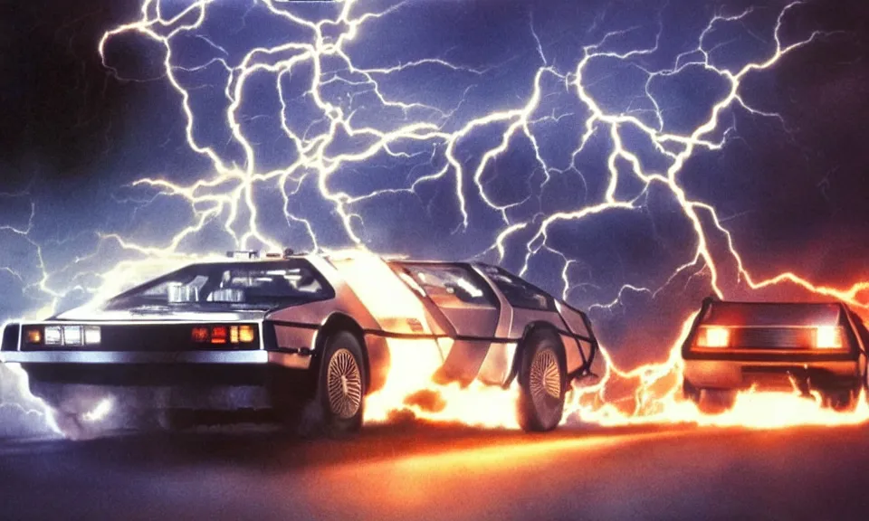 Prompt: scene from back to the future, delorean driving fast, lightning, fire, driving through portal