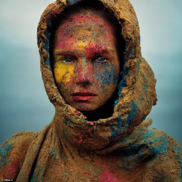 Prompt: closeup portrait of a woman with a hood made of rainbows and mud, standing in an apocalyptic landscape, by Annie Leibovitz and Steve McCurry, natural light, detailed face, CANON Eos C300, ƒ1.8, 35mm, 8K, medium-format print