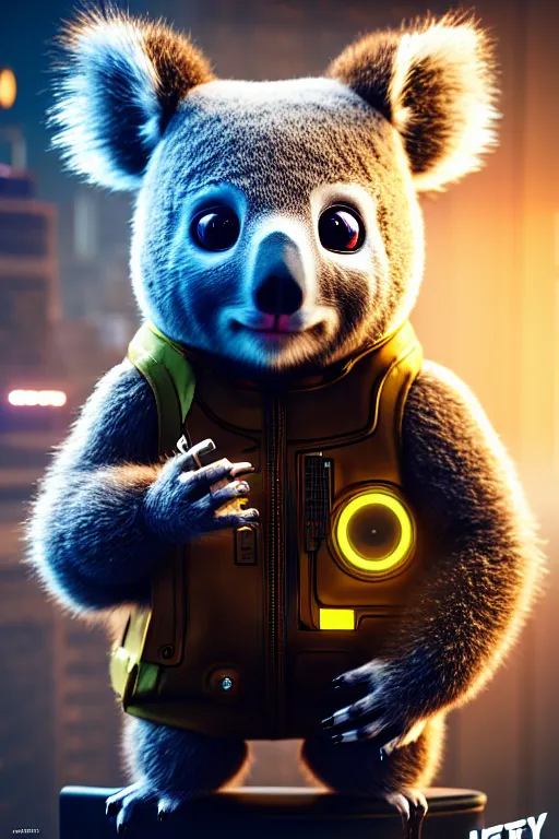 Image similar to high quality 3 d render very cute cyborg koala! cyberpunk highly detailed, unreal engine cinematic smooth, in the style of blade runner & detective pikachu, hannah yata charlie immer, moody light, low angle, uhd 8 k, sharp focus