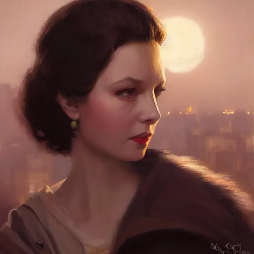 Image similar to closeup portrait of a young vivian leigh, dramatic lighting, city background, night, moon, chiaroscuro, high detail, painted by greg rutkowski, painted by igor kieryluk, painted by bobby chiu, trending on artstation