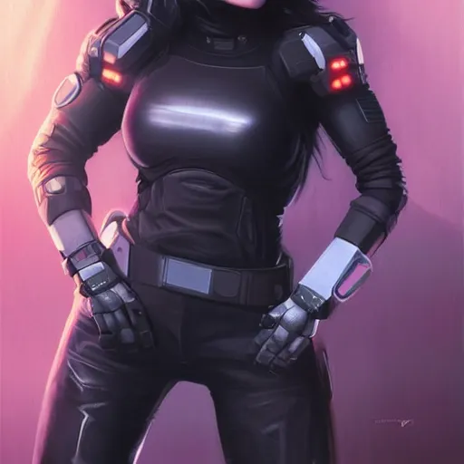 Image similar to gina carano with robotic left arm, casual black clothing, casual pose, large portrait, cyberpunk, digital painting, artstation, concept art, smooth, 8 k frostbite 3 engine, ultra detailed, art by artgerm and greg rutkowski and magali villeneuve