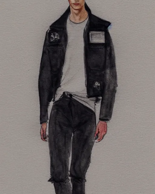 Prompt: rough watercolor sketch of a male model wearing a cropped baggy menswear moto jacket by alexander mcqueen, 4 k, astonishing detail, studio lighting, wide angle lens