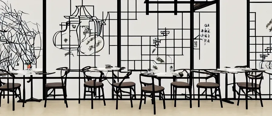 Image similar to a beautiful simple interior 4 k hd wallpaper illustration of small roasted string hotpot restaurant restaurant yan'an, illustrative style, from china, wallpaper with tower mountains, rectangle white porcelain table, black chair, fine simple delicate structure, animation style, simple style structure decoration design, victo ngai, 4 k hd