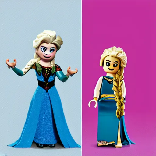 Prompt: lego minifigs of elsa and anna from frozen. photo, remake, retouched in photoshop, caricature