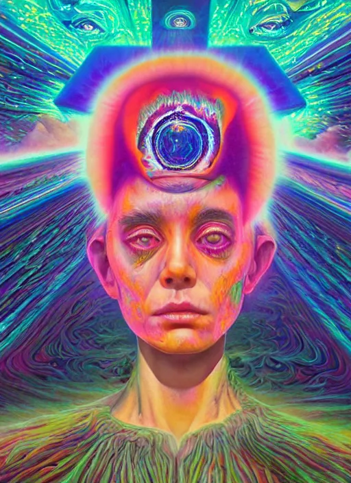 Image similar to portrait ultra dimensional cult girl shaman, accidentally tripping on dmt and acid, psychedelic experience, overwhelming psychosis of self realization and burning awakening, ultra high definition, unreal engine 5, hyperrealism, masterpiece composition, by casey weldon, barclay shaw