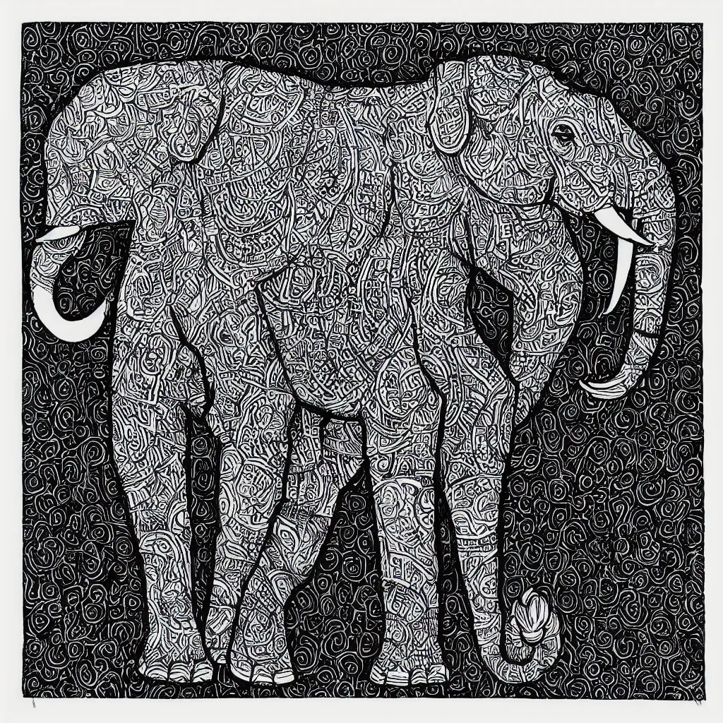 Prompt: block print elephant in the style of strawcastle, black ink on white paper