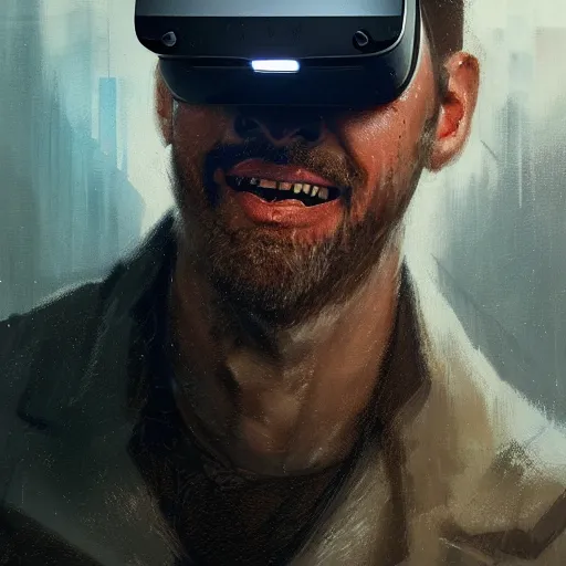 Image similar to Portrait of a man by Greg Rutkowski, symmetrical face, a young man using a VR headset, Kubrick stare, crooked smile, highly detailed portrait, scifi, digital painting, artstation, book cover, cyberpunk, concept art, smooth, sharp foccus ilustration, Artstation HQ