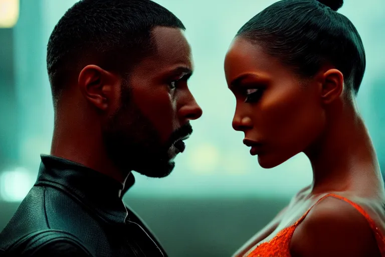 Prompt: film still of closeup beautiful jamaican models couple closeup in blade runner 2 0 4 9, cinematic, moody, gritty neon noir by emmanuel lubezki