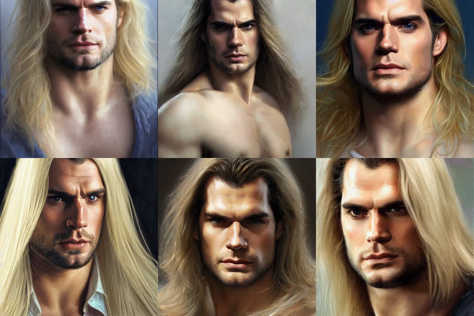 Prompt: Henry Cavill with luxurious long straight blond hair, very very pale white skin, closeup character art by Donato Giancola, Craig Mullins, digital art, trending on artstation