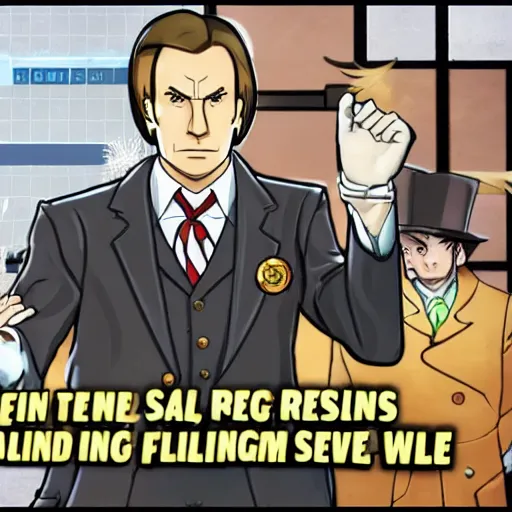 Prompt: saul goodman in the style of pheonix wright ace attorney videogame, objection