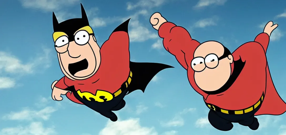 Prompt: peter griffin as batman, flying in sky