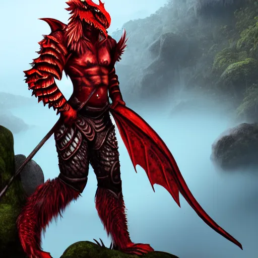 Image similar to A dragonborn with red scales and wings, wearing viking armor, in a rainforest, trending on artstation