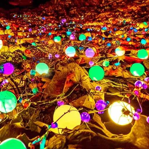 Image similar to multiple colorful globes full of twigs swirling around a hellscape, crystals illuminating the night sky