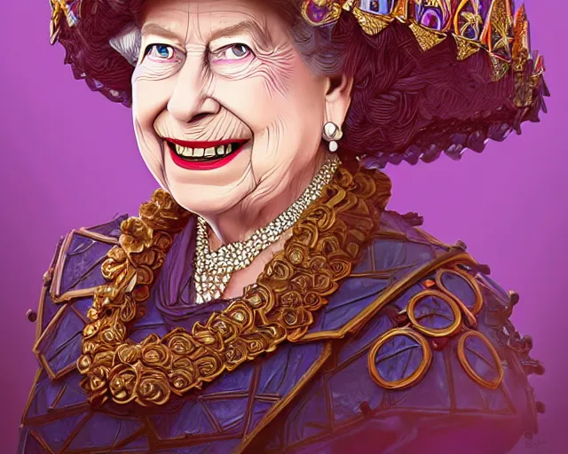 Image similar to hrh queen elizabeth making very funny and silly faces, photography of kurzgesagt, deep focus, d & d, fantasy, intricate, elegant, highly detailed, digital painting, artstation, concept art, matte, sharp focus, illustration, hearthstone, art by artgerm and greg rutkowski and alphonse mucha