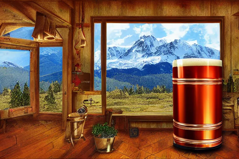 Prompt: a beer keg with mountain views, digital art