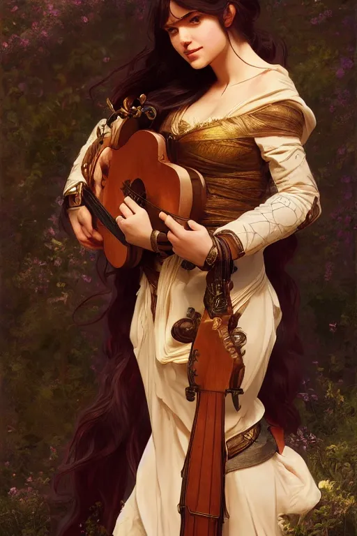 Image similar to beautiful bard holding a lute, accurate anatomy, only two hands, highly detailed, digital painting, artstation, concept art, smooth, sharp focus, illustration, Unreal Engine 5, 8K, art by Artgerm and greg rutkowski and alphonse Mucha