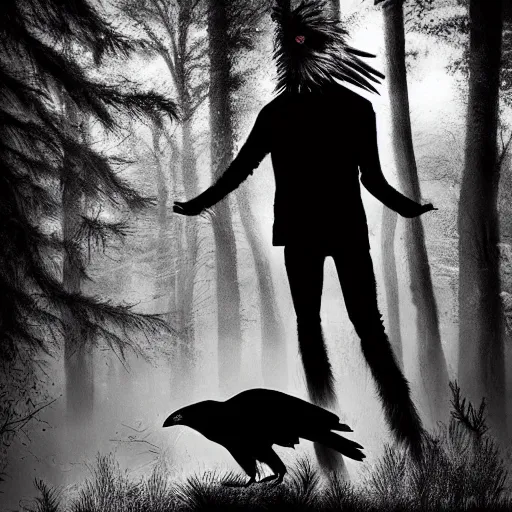 Image similar to !! werecreature consisting of a crow and a human, photograph captured in a dark forest