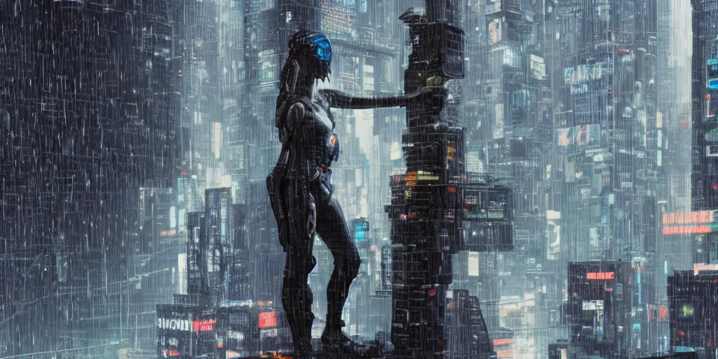 Image similar to cyberpunk statue, rain, space