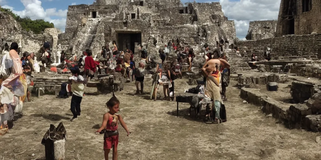 Prompt: photo of mayans and aliens in a village