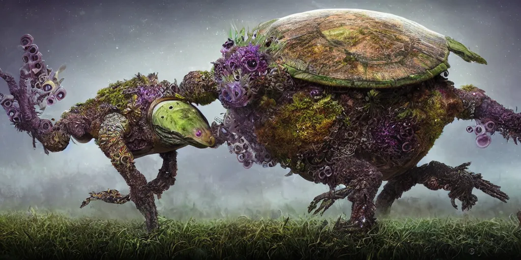 Prompt: a bird turtle mushroom jelly tractor hybrid creature monster with metal scales feathers fur moss spines knobs, rich diverse lush alien world, fantasy, science fiction, dramatic lighting, in the style of national geographic, hannah yata, ken barthelmey, illustration, octane render