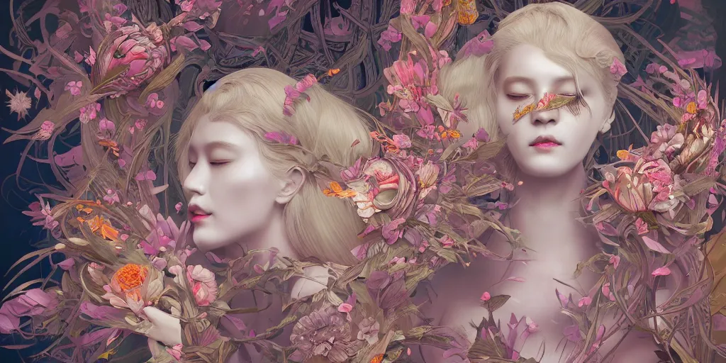 Image similar to breathtaking detailed concept art painting kaleidoscope art deco pattern of blonde faces goddesses amalmation flowers, by hsiao - ron cheng, bizarre compositions, exquisite detail, extremely moody lighting, 8 k