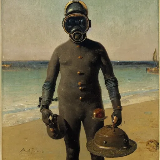 Image similar to portrait of a diver with an antique diving helmet by alfred stevens