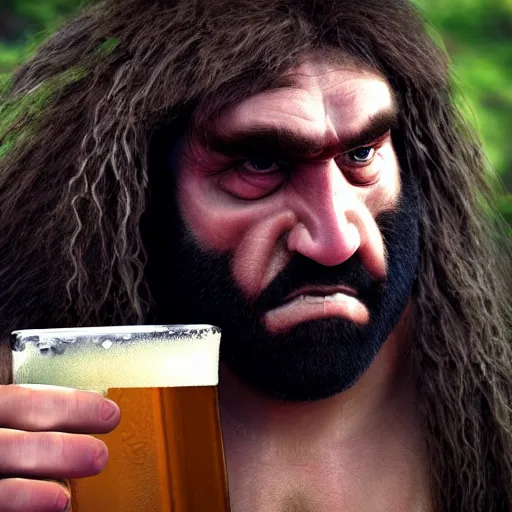 Prompt: photo of ancient caveman drinking a single beer can, high detail, ultra realistic, 4k UHD, pristine