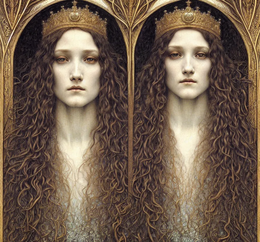 Image similar to detailed realistic beautiful young medieval queen face portrait by jean delville, gustave dore and marco mazzoni, art nouveau, symbolist, visionary, gothic, pre - raphaelite. horizontal symmetry