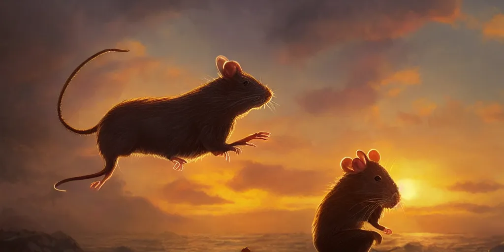 Image similar to rat enjoys the sunset, character sheet, colorful, contrast, 3 d scene, greg rutkowski, zabrocki, karlkka, jayison devadas, trending on artstation, 8 k, ultra wide angle, zenith view, pincushion lens effect