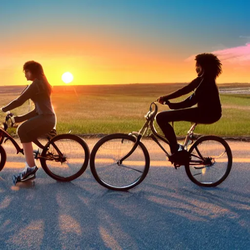 Prompt: teens riding their bikes in the 1 9 8 0 s, long shot, sunset at the golden hour, photoreal, synthwave style