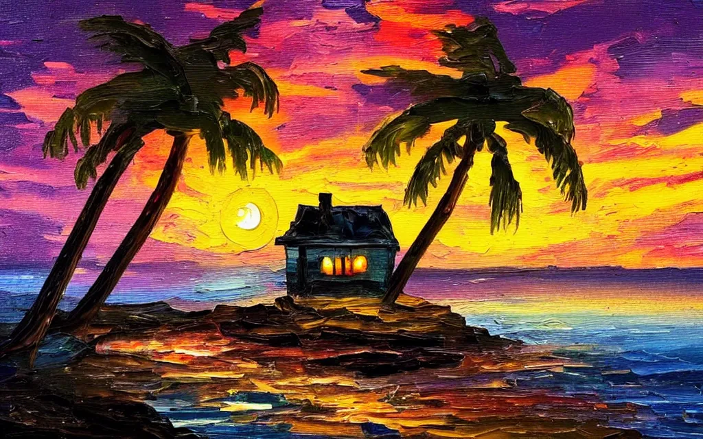 Prompt: water and a very small island! cute cozy cottage!! torches, chairs, palm trees, dark very late evening cloudy sunset, dramatic and dynamic lighting, thick brush strokes oil impasto painting