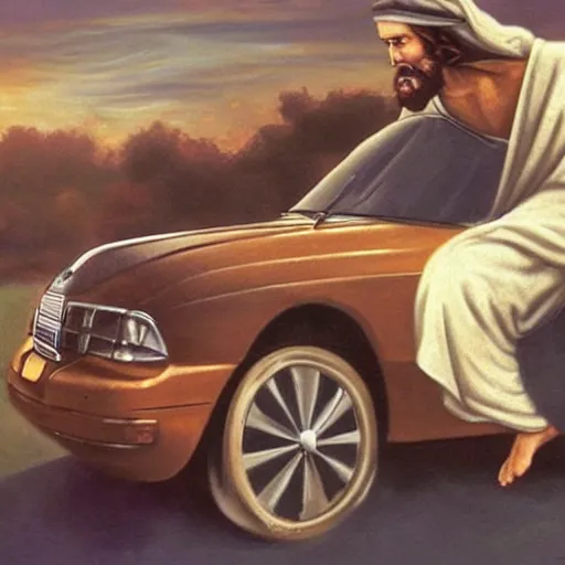 Image similar to jesus driving a car