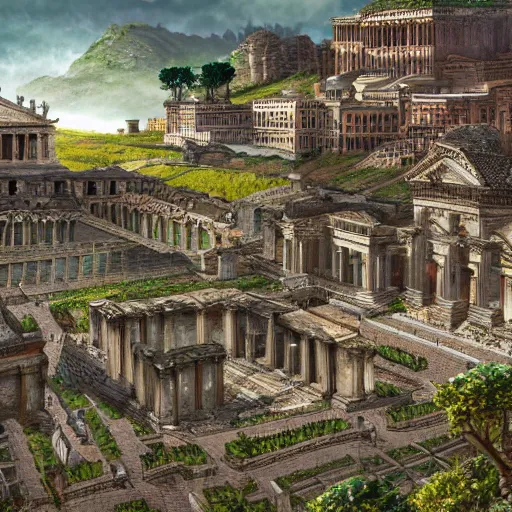 Image similar to sprawling roman city built in the roots of a collosal tree, wide shot, digital art, detailed, fantasy