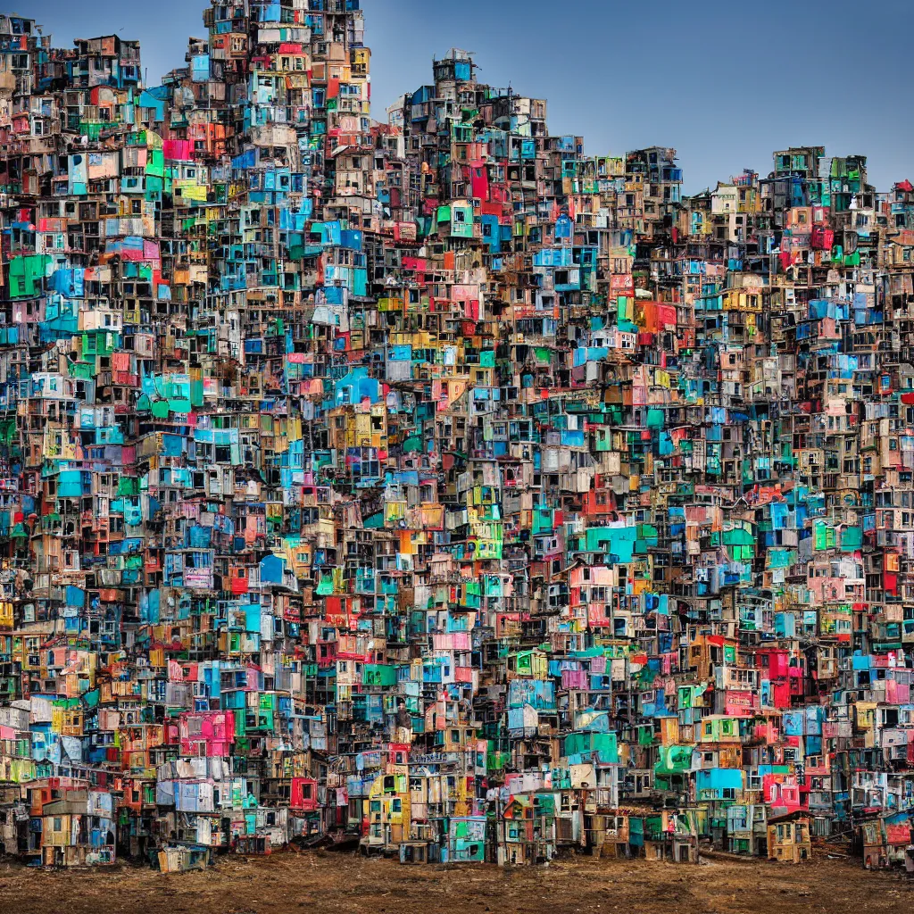 Prompt: a tower made up of colourful makeshift squatter shacks, dystopia, sony a 7 r 3, f 1 1, fully frontal view, photographed by richard avedon, ultra detailed,