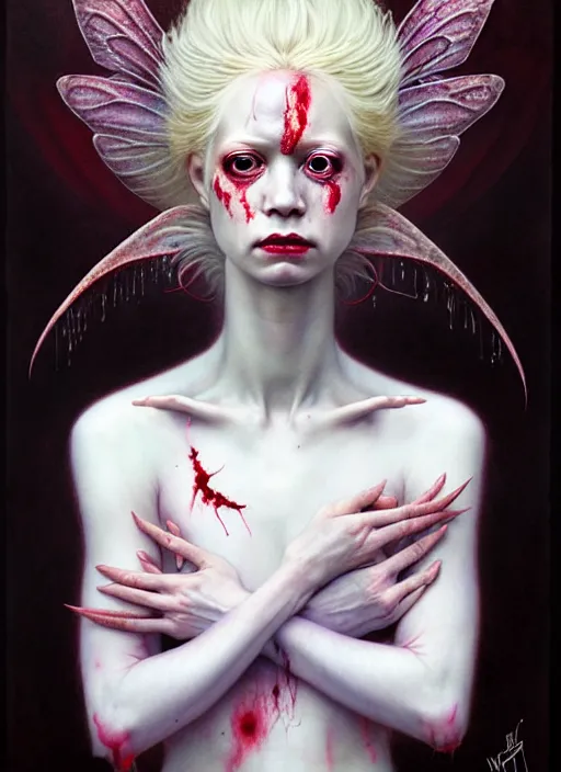 Prompt: a hyper realistic portrait of a albino fairy queen from hell, eyes full of pain, sad expression, beautiful symmetrical face, award winning painting, brush splashes of blood, artwork by chiara bautista and beksinski and norman rockwell and greg rutkowski, tom bagshaw weta studio, and lucasfilm