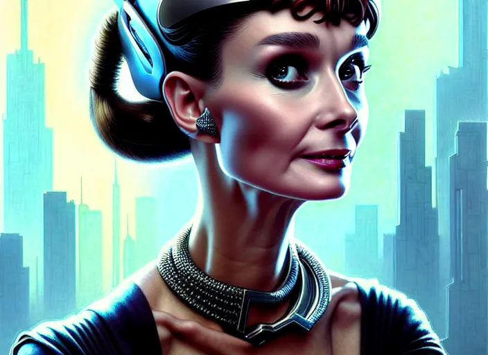 Image similar to portrait shot of a audrey hepburn wearing cyberpunk clothing in cyberpunk 2 0 7 7, intricate, elegant, highly detailed, centered, digital painting, artstation, concept art, smooth, sharp focus, illustration, artgerm, tomasz alen kopera, peter mohrbacher, donato giancola, joseph christian leyendecker, wlop, boris vallejo