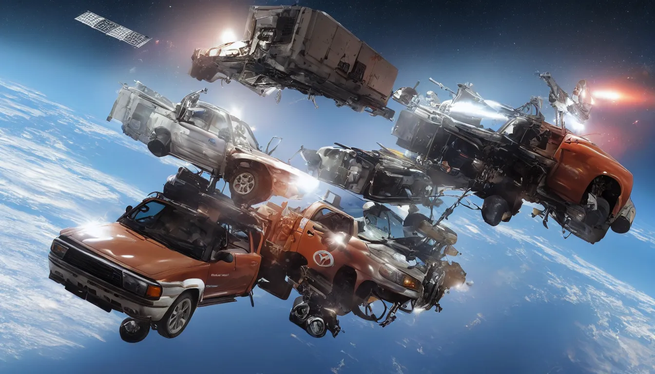 Image similar to WhistlinDiesel dropping a Toyota Hilux from the International Space Station, trending on artstation