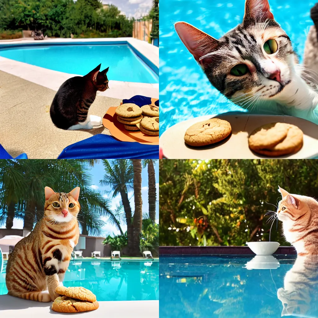 Prompt: a cat eating cookies by the pool