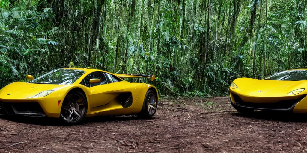 Image similar to a real photograph of a supercar running in the Amazon forest