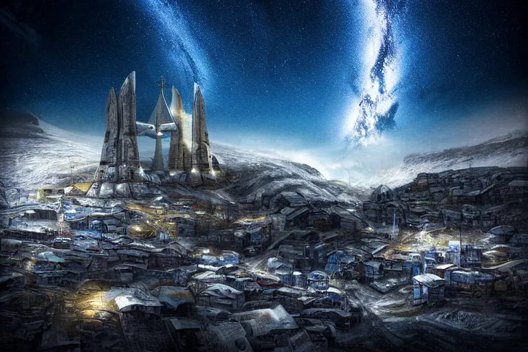 Image similar to favela twisting spaceship cathedral, snowy arctic environment, industrial factory, cliffs, peaks, bright, milky way, award winning art, epic dreamlike fantasy landscape, ultra realistic,