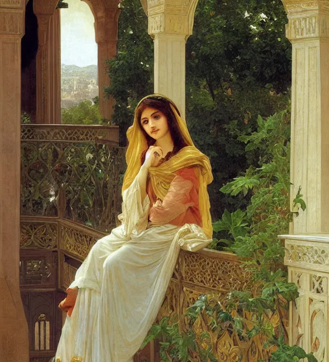 Prompt: intricate oil painting of a pretty young arabian princess on her palace balcony, looking out over her garden, elegant, digital painting, sharp focus, illustration, ultra realistic, 8 k, by bouguereau, alphonse mucha, edmund dulac