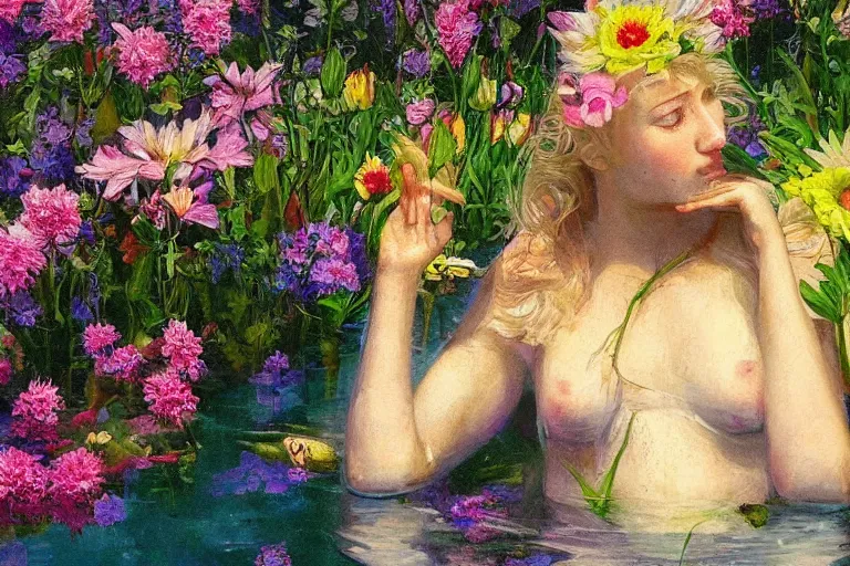 Prompt: close-up portrait, melting female cyborg hiding in the flowers, water reflection, mirros, love and peace, calm colors, soft light, in style of classicism