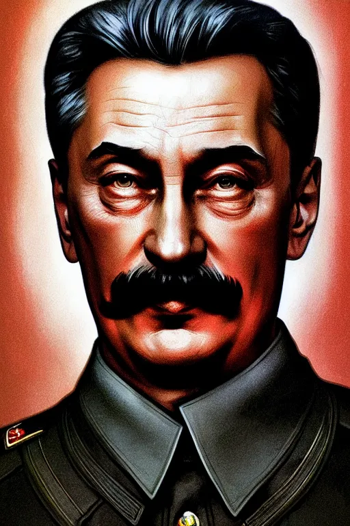 Prompt: vladimir putin as stalin, realistic portrait, symmetrical, highly detailed, digital painting, artstation, concept art, smooth, sharp focus, illustration, cinematic lighting, art by artgerm and greg rutkowski and alphonse mucha