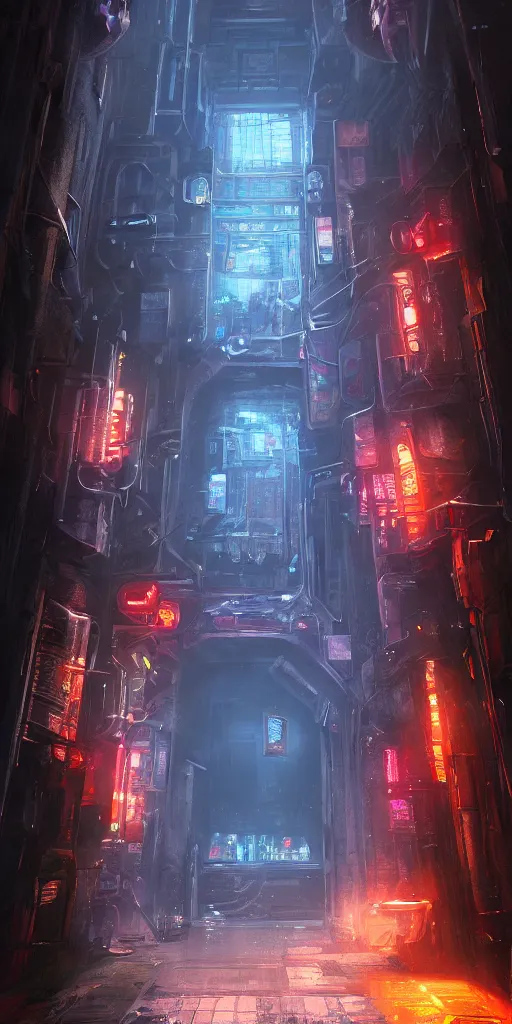 Image similar to mysterious dungeon entrance, cyberpunk, blade runner, artstation contest winner.